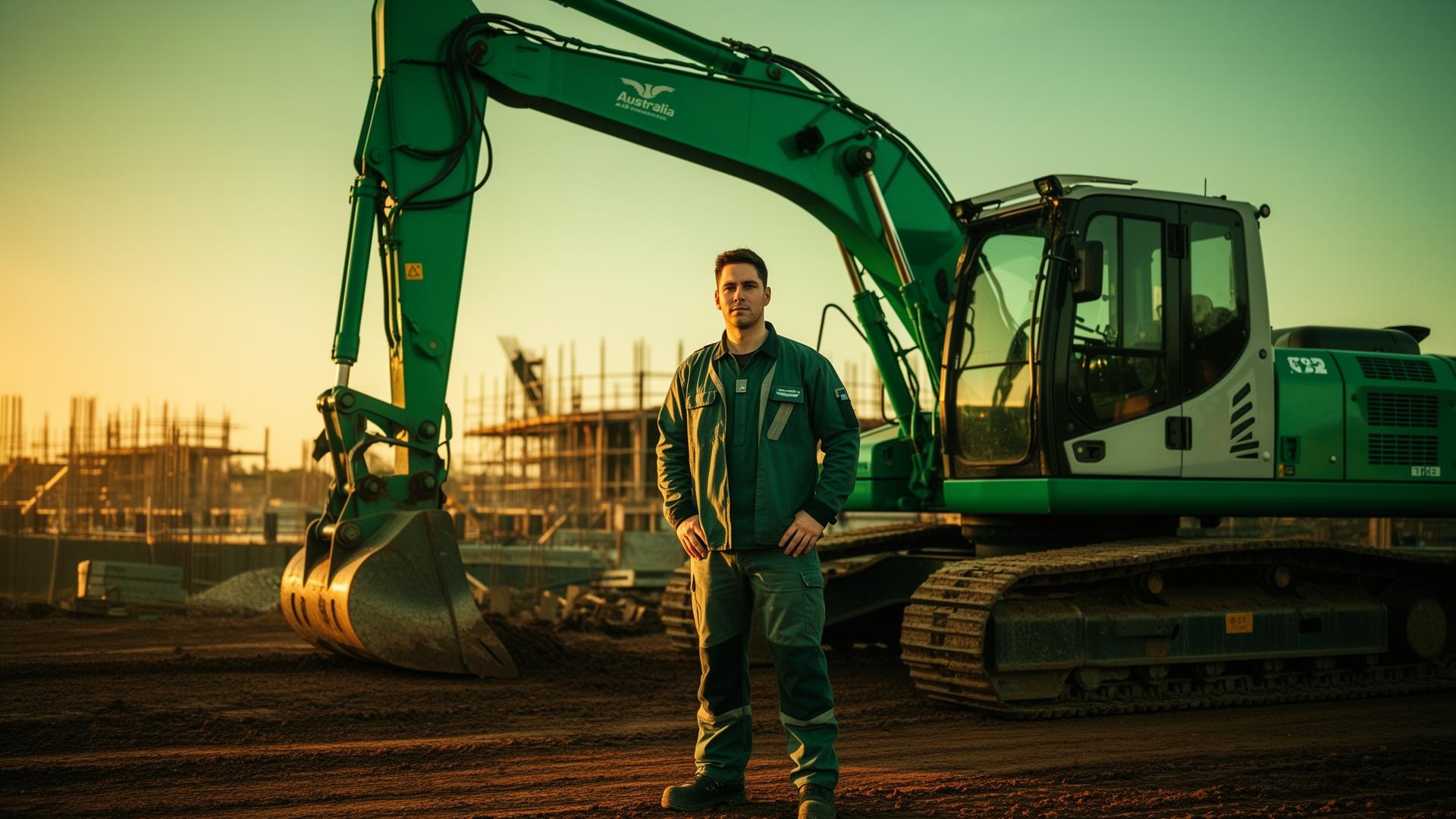 Self-employed Australian tradesperson next to financed excavator on site